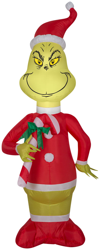 Gemmy Airblown Inflatable Grinch in Santa Suit with Candy Cane