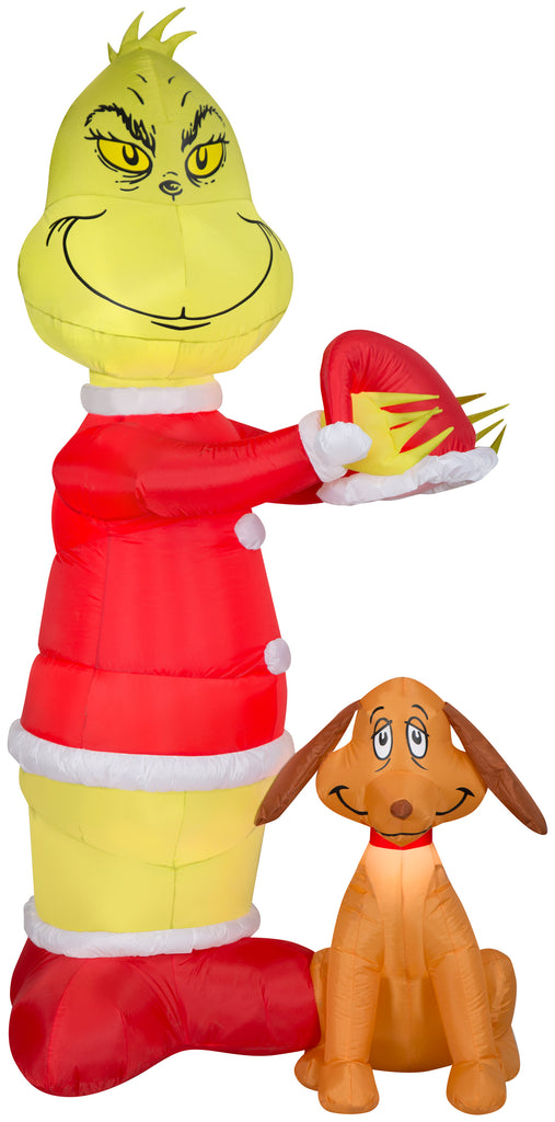 Gemmy Animated Airblown Inflatable Grinch Putting Santa Hat on Max