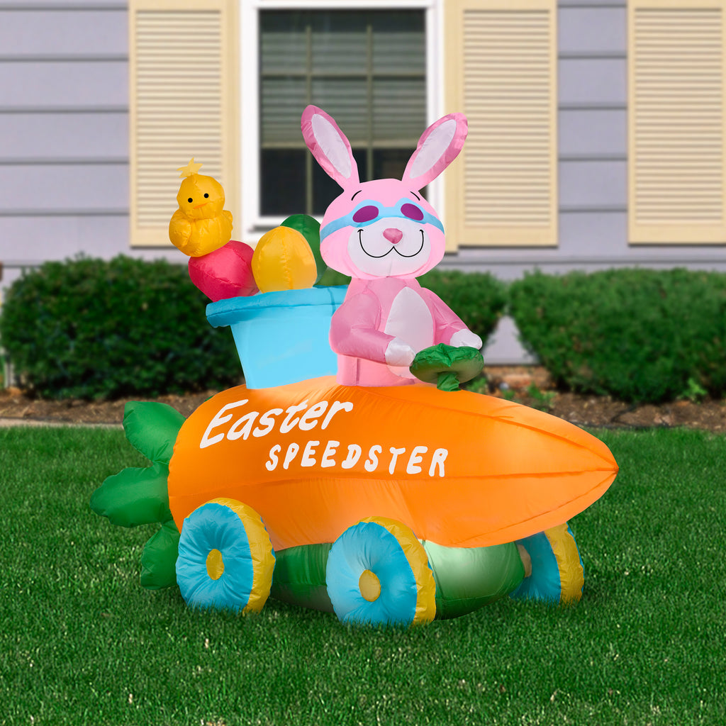 Gemmy Airblown Inflatable Easter Bunny in Speedster Scene